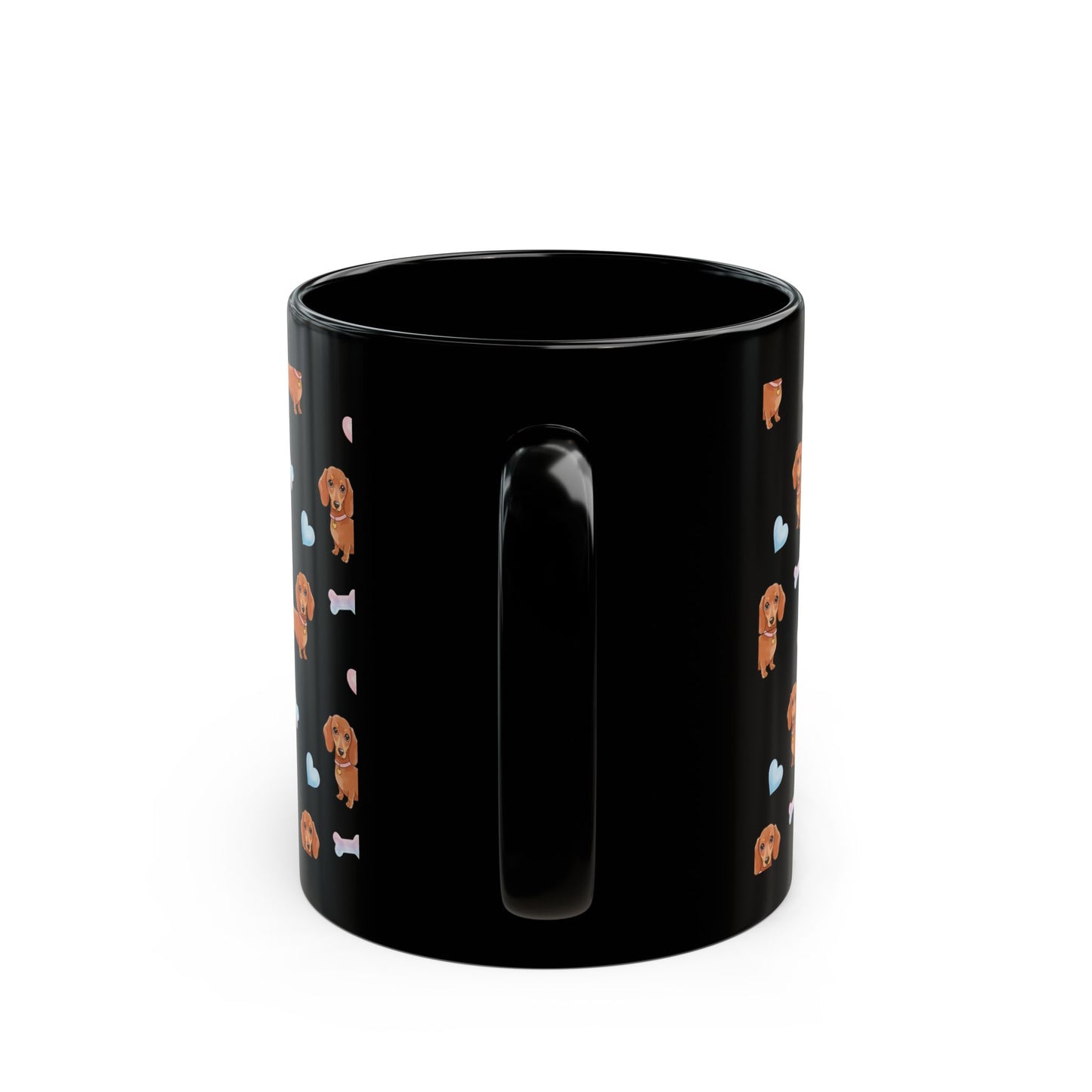 Dachshund Love Mug - Cute Dog Design, Gifts for Pet Lovers, Black Coffee Cup, Dog Mom Gift, Heart and Bone Patterns