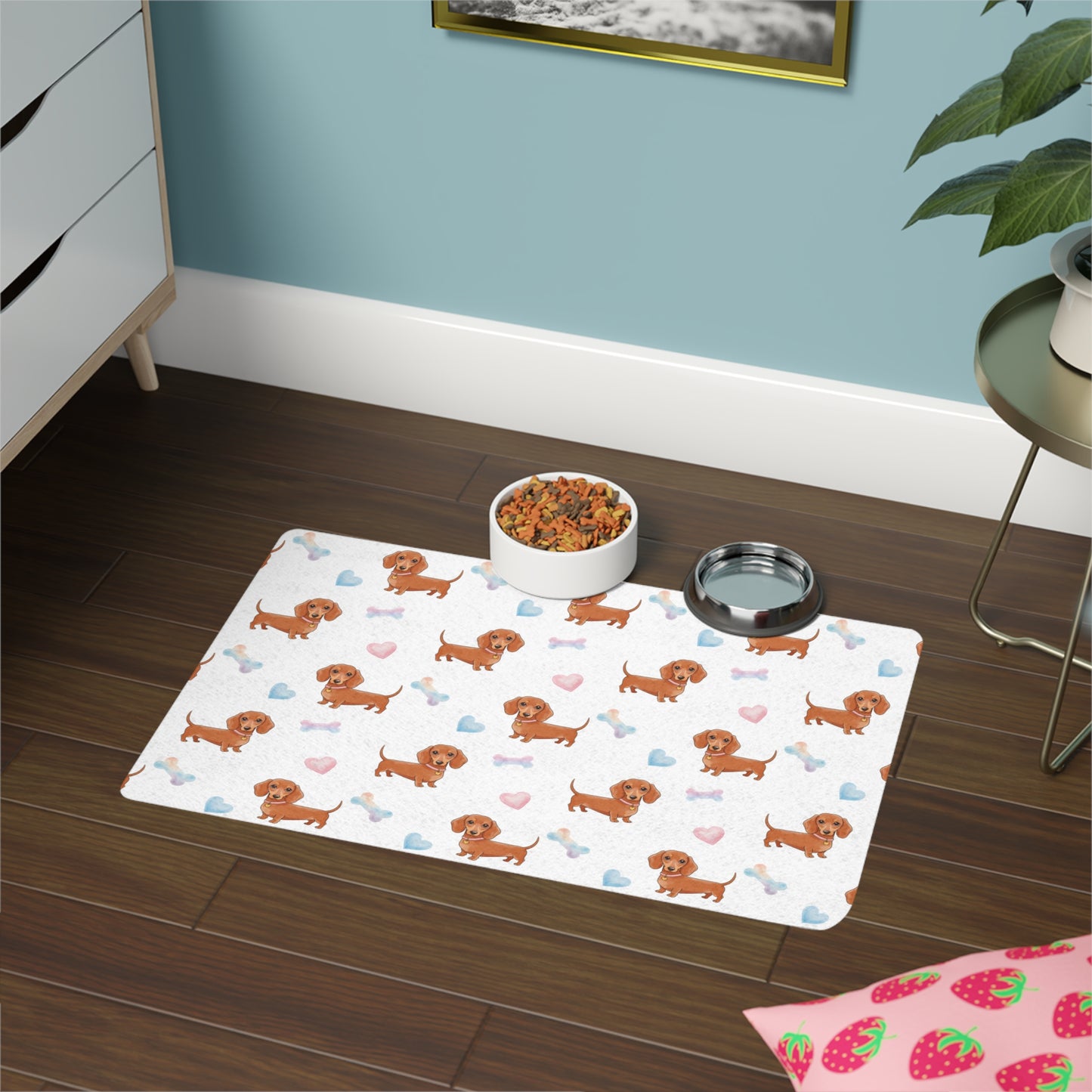 Dachshund Pet Food Mat (12x18) — Cute Sausage Dog & Hearts Feeding Mat