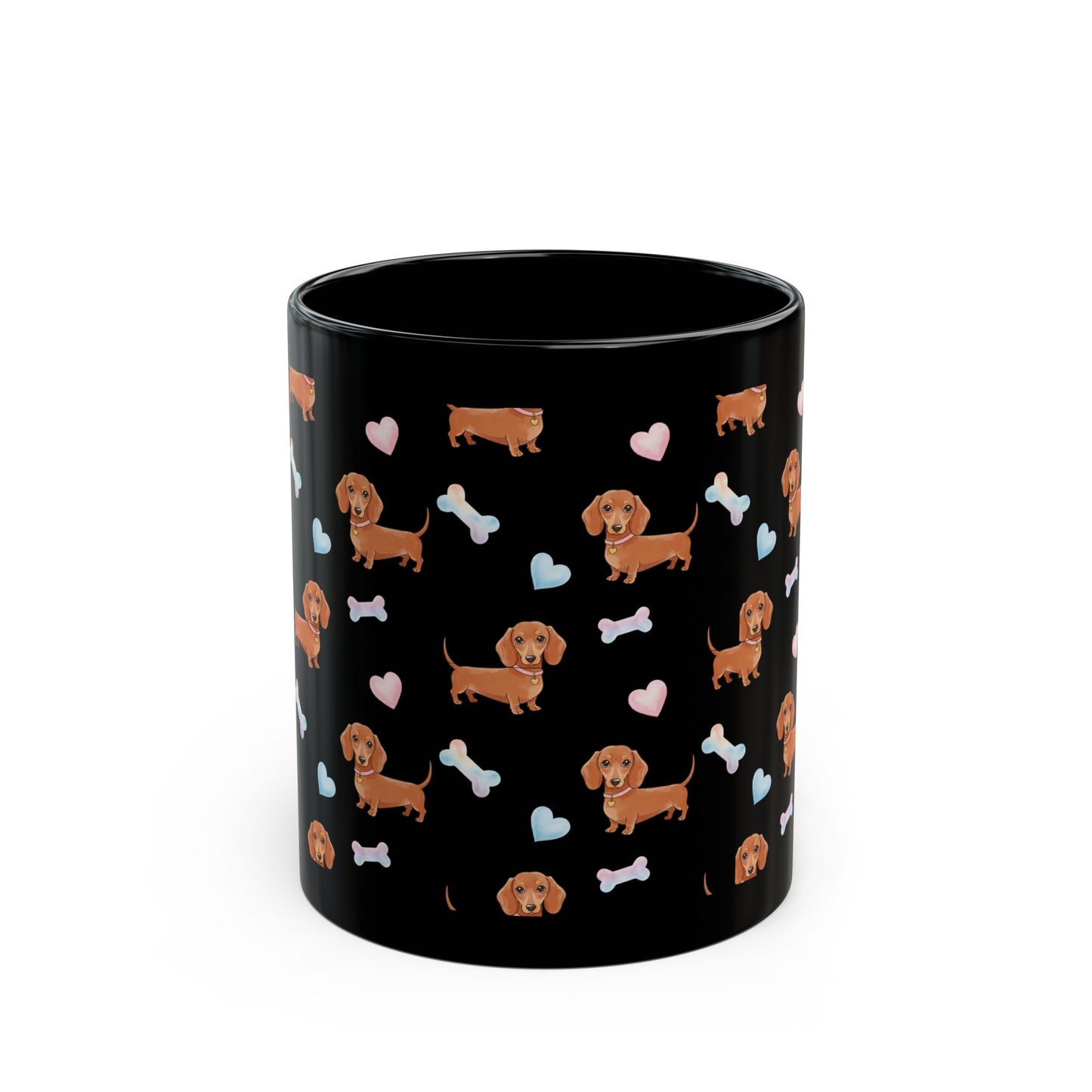 Dachshund Love Mug - Cute Dog Design, Gifts for Pet Lovers, Black Coffee Cup, Dog Mom Gift, Heart and Bone Patterns
