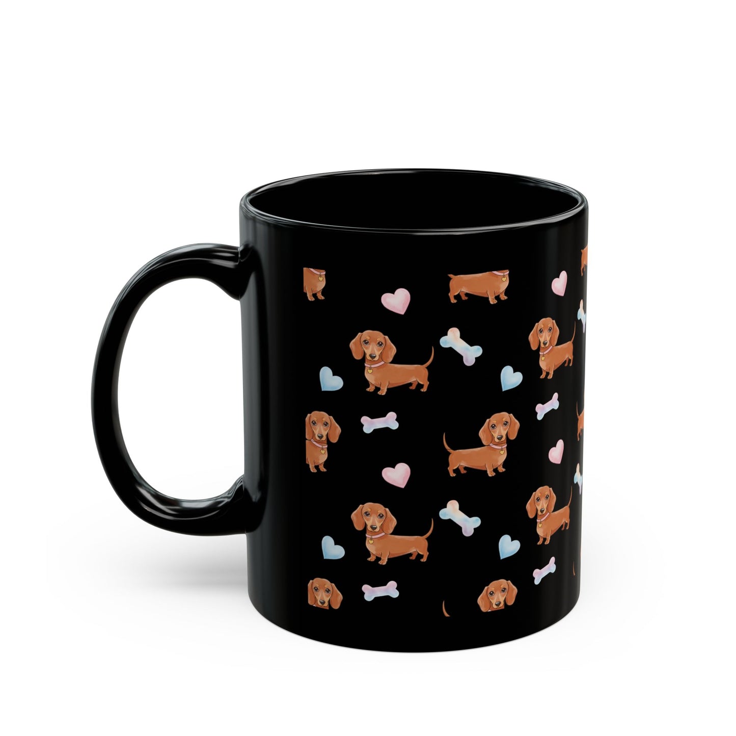 Dachshund Love Mug - Cute Dog Design, Gifts for Pet Lovers, Black Coffee Cup, Dog Mom Gift, Heart and Bone Patterns