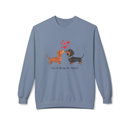 Dachshund Love Crewneck Sweatshirt — "Love & Wag the Day" Cute Wiener Dog Couples Tee