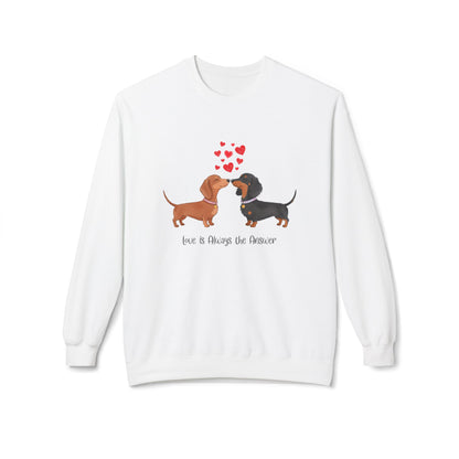 Dachshund Love Crewneck Sweatshirt — "Love & Wag the Day" Cute Wiener Dog Couples Tee