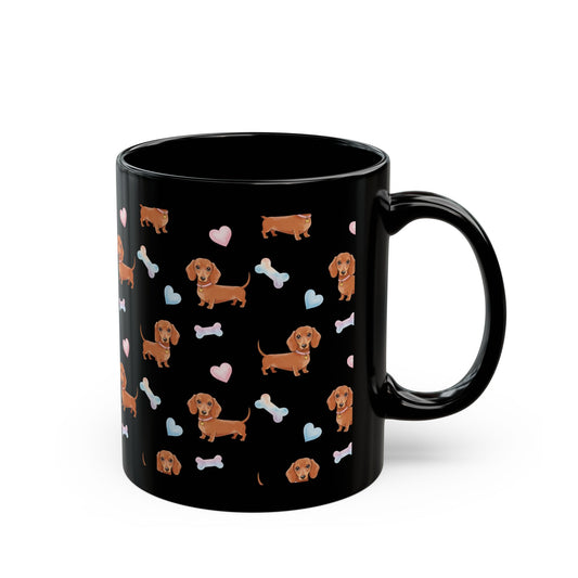 Dachshund Love Mug - Cute Dog Design, Gifts for Pet Lovers, Black Coffee Cup, Dog Mom Gift, Heart and Bone Patterns