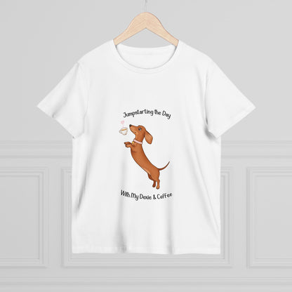 Women’s Dog Lover Tee - Fun Coffee and Dachshund Design, Gift for Pet Owners, Casual Wear, Birthday Present, Cute Animal Tee