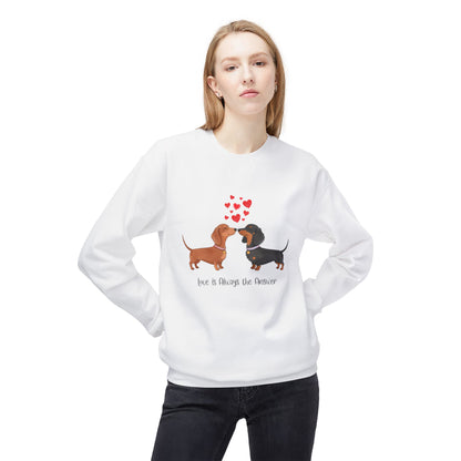 Dachshund Love Crewneck Sweatshirt — "Love & Wag the Day" Cute Wiener Dog Couples Tee