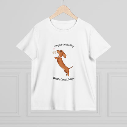 Women’s Dog Lover Tee - Fun Coffee and Dachshund Design, Gift for Pet Owners, Casual Wear, Birthday Present, Cute Animal Tee