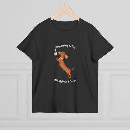 Women’s Dog Lover Tee - Fun Coffee and Dachshund Design, Gift for Pet Owners, Casual Wear, Birthday Present, Cute Animal Tee