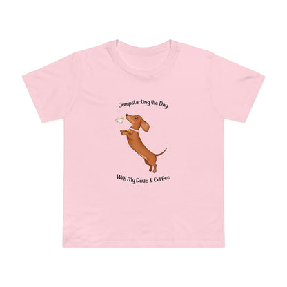 Women’s Dog Lover Tee - Fun Coffee and Dachshund Design, Gift for Pet Owners, Casual Wear, Birthday Present, Cute Animal Tee
