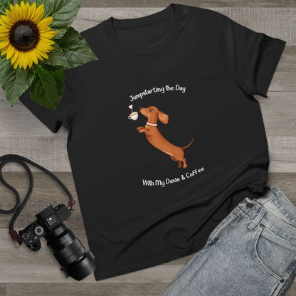 Women’s Dog Lover Tee - Fun Coffee and Dachshund Design, Gift for Pet Owners, Casual Wear, Birthday Present, Cute Animal Tee