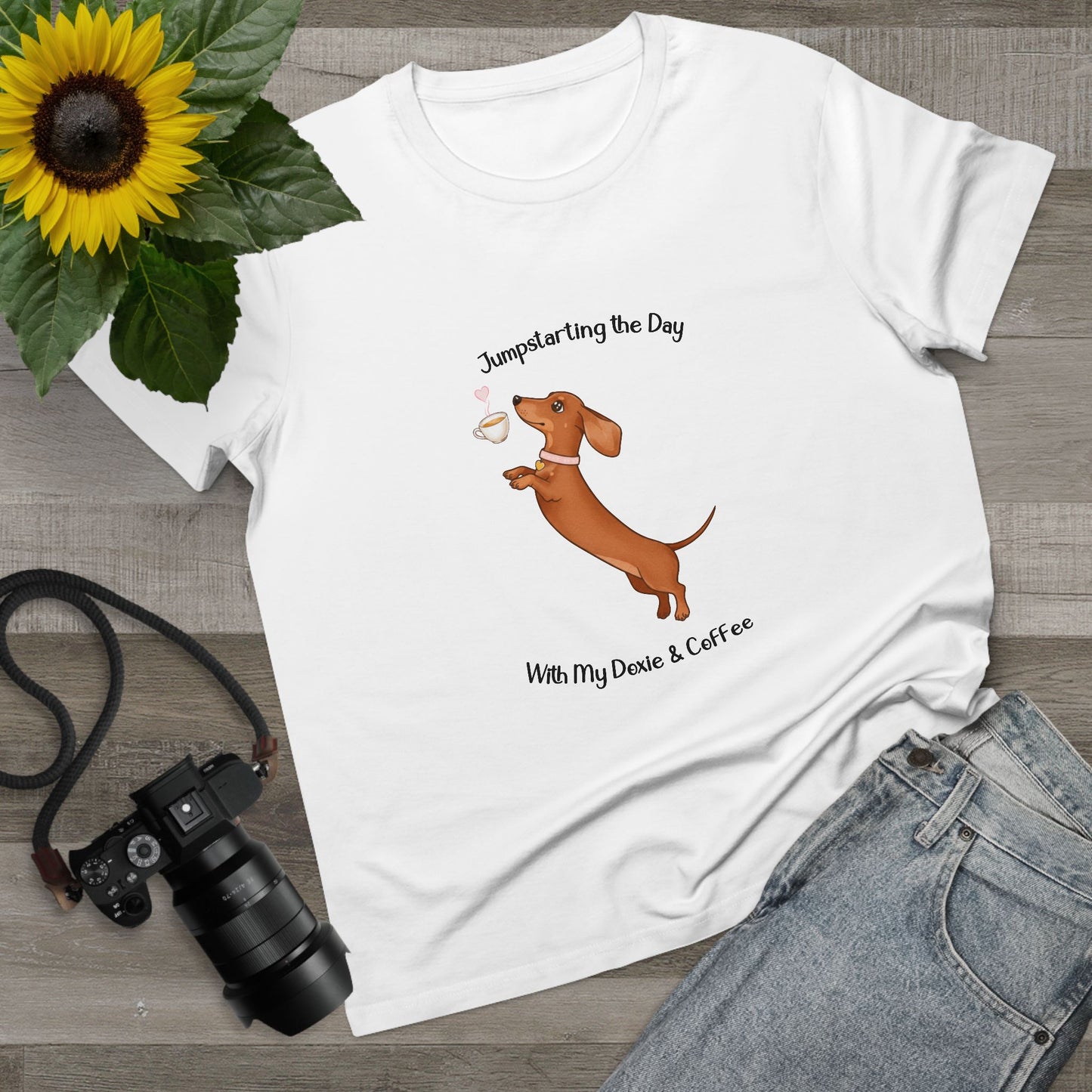 Women’s Dog Lover Tee - Fun Coffee and Dachshund Design, Gift for Pet Owners, Casual Wear, Birthday Present, Cute Animal Tee