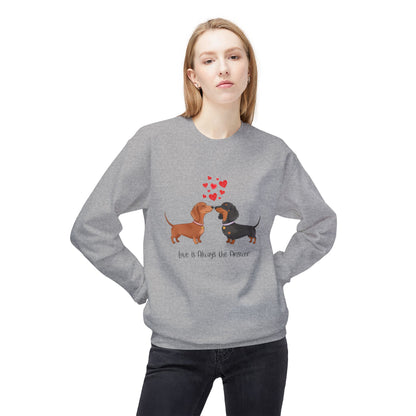 Dachshund Love Crewneck Sweatshirt — "Love & Wag the Day" Cute Wiener Dog Couples Tee