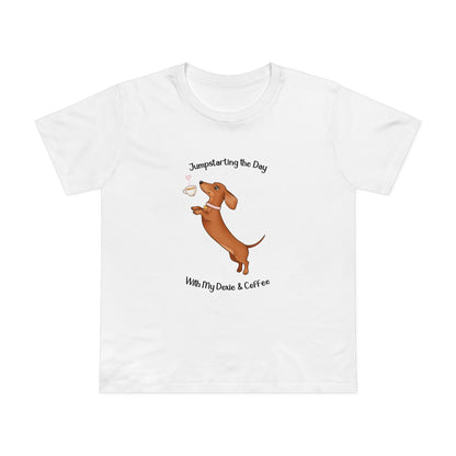 Women’s Dog Lover Tee - Fun Coffee and Dachshund Design, Gift for Pet Owners, Casual Wear, Birthday Present, Cute Animal Tee