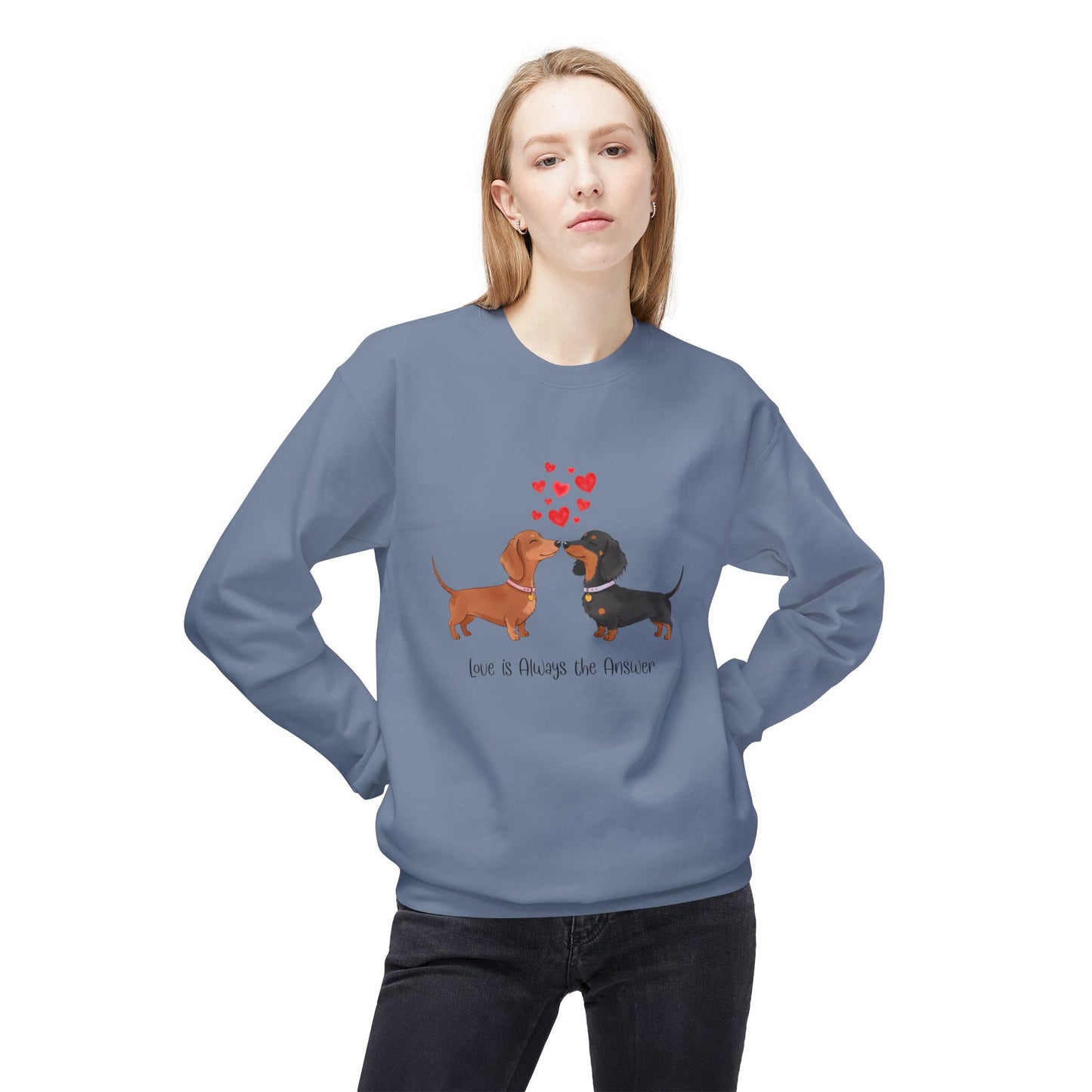 Dachshund Love Crewneck Sweatshirt — "Love & Wag the Day" Cute Wiener Dog Couples Tee
